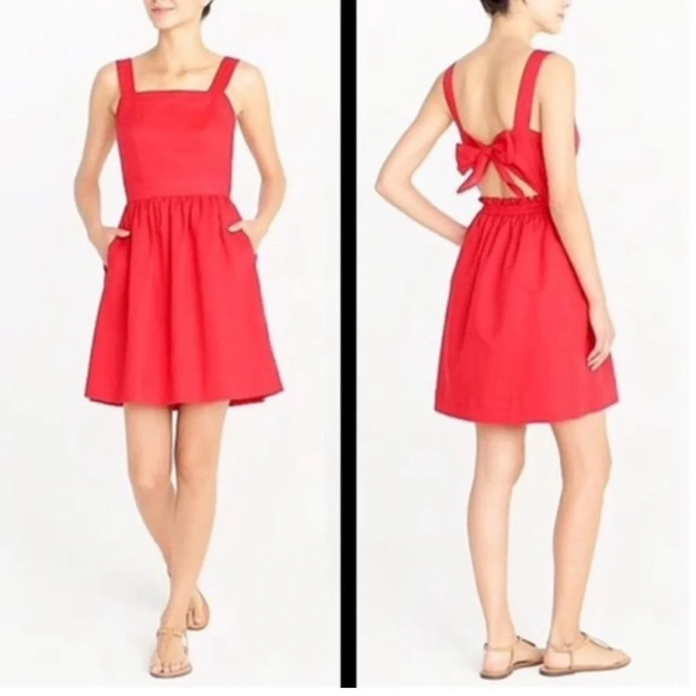J.Crew Red Linen Apron Bow Back Dress XS NWOT J0982
